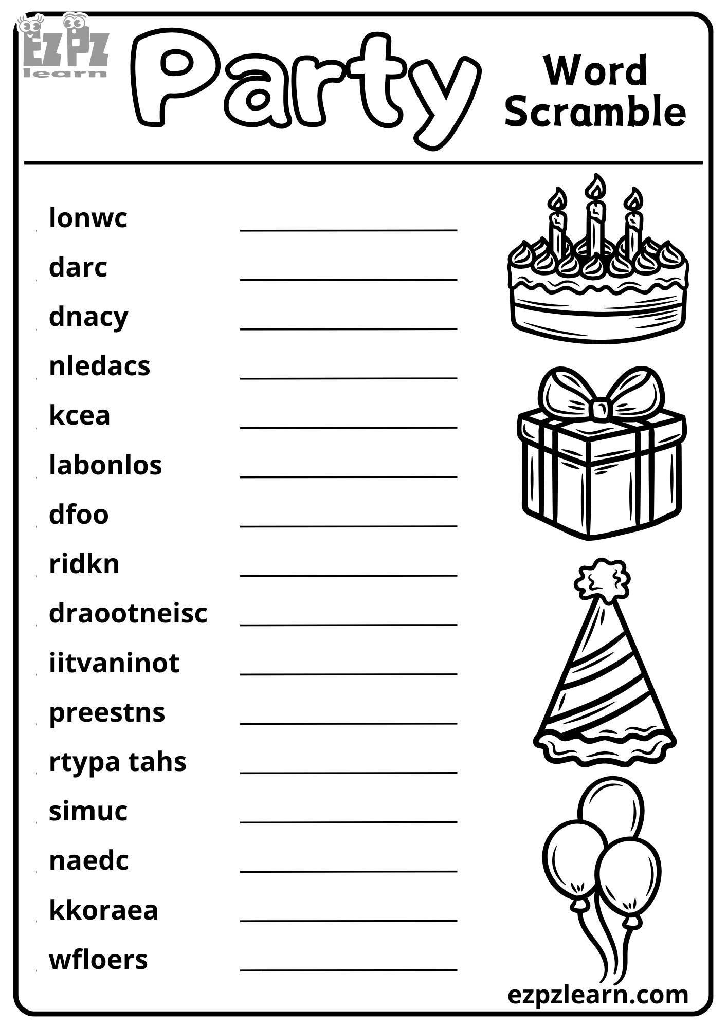 Party Word Scramble 16 Words Vocabulary Activity for Kids Free Printable PDF